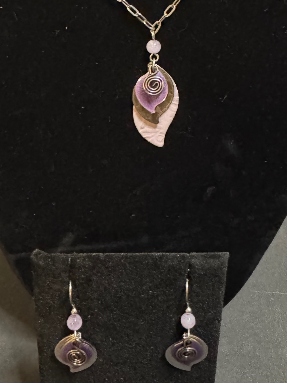 Silver Forest Handcrafted Purple Leaf Pendant Necklace and Earrings Set